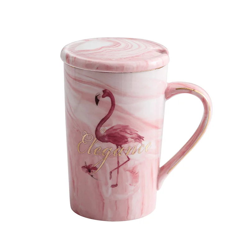 

Ceramic Coffee Mug Customized LOGO Marble Flamingo Couple Tea Cup Creative Pink Mug with Lid and Spoon Beautiful Wedding Gift