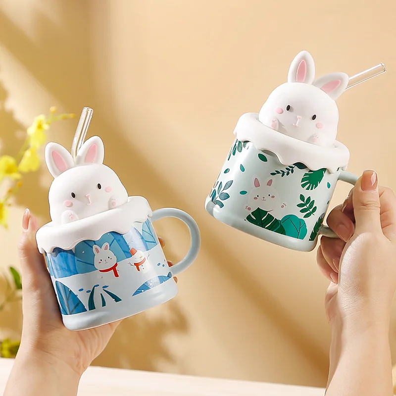 

Ceramic mug with large capacity and cap straw creativity Japanese cup rabbit water cup lovely gift box