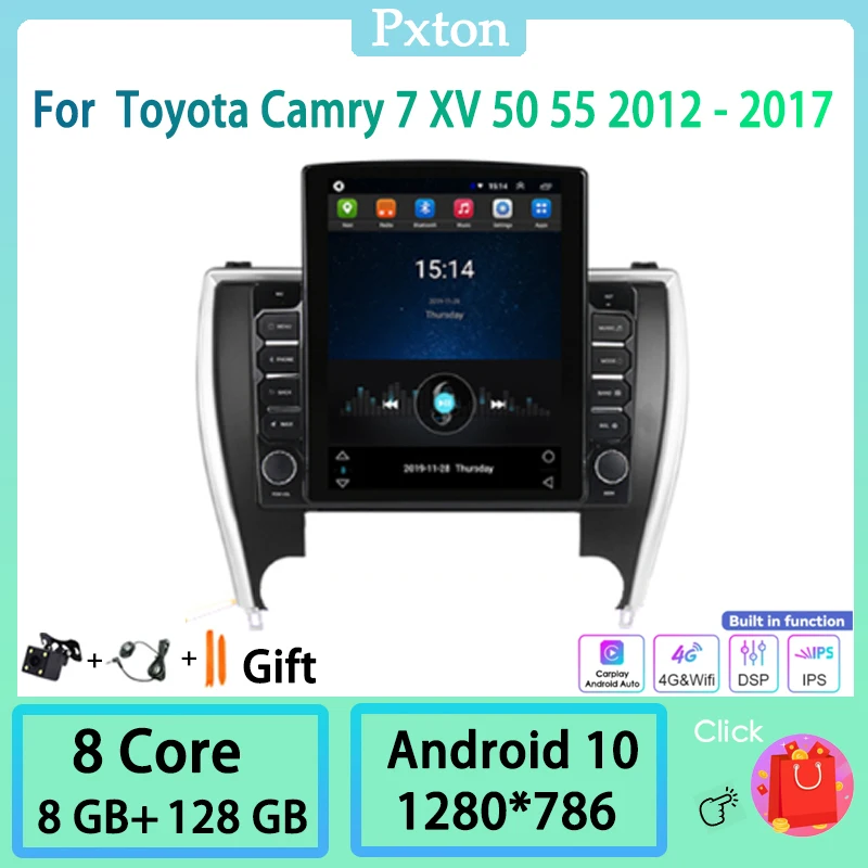

Pxton Android Tesla Style Car Radio Stereo Smart Multimedia Player For Toyota Camry 7 XV 50 55 2012 - 2017 Carplay Auto 4G 8+128