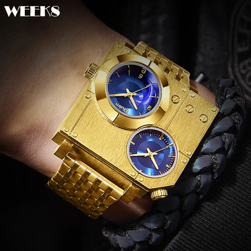 

Luxury Sports Watches for Men Full Steel Unique Big Dial Dual Time Zone Military Wristwatch Male Black Gold Hip Hop Quartz Clock