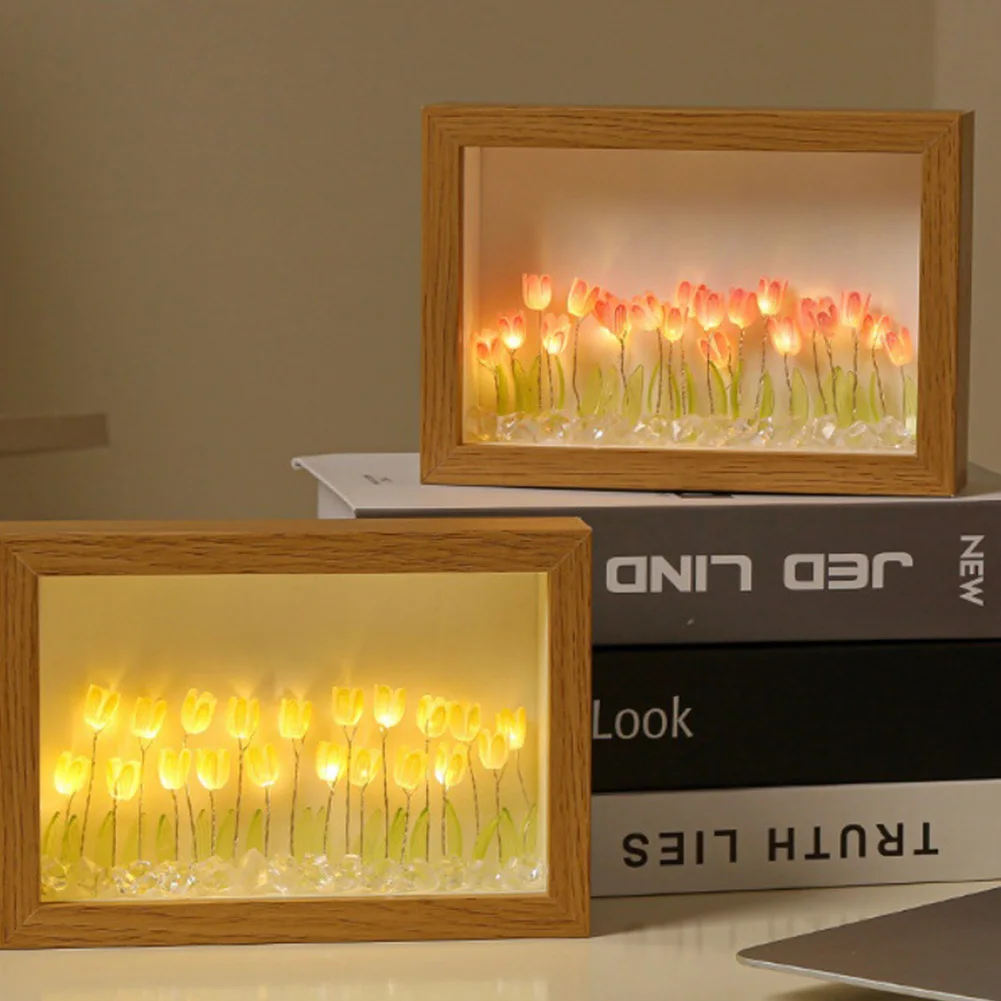

Photo Frame Tulip Night Lamp Battery Powered Ambient Light Ornaments Simulation Tulip Light for Living Room Bedroom Office Decor