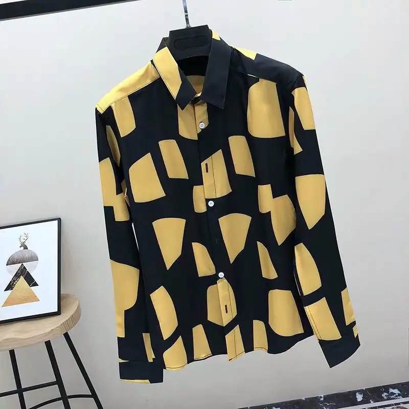 

Spring and Autumn Long Sleeve Streetwear Tops Men Print Casual Blouses Korean 2023 New Loose Fashion Male Shirts Camisas M13
