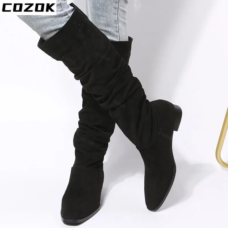 Women's Warm Boots Women's Knee Short Boots Women's Shoes Thick Sole Faux Suede Soft Zipper Women's Winter 2022 Thigh High Boots