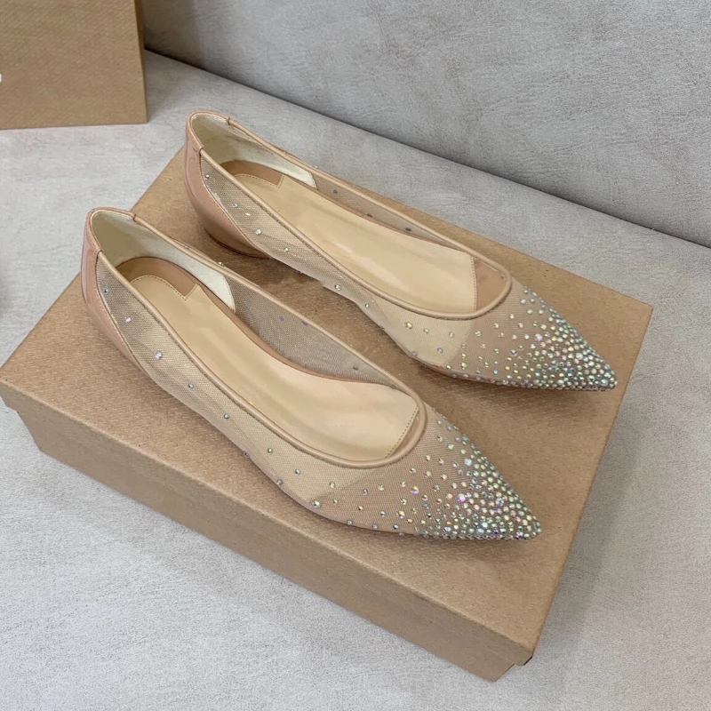 Europe and America 2023 Early Autumn New Pointed Flat Women's Shoes Hot Drill Lace Mesh Breathable Sheet Shoes