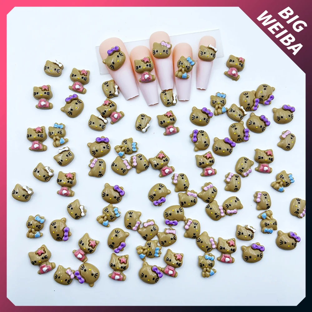 

20Pcs Hawaii Black Skin Hello Kitty Diy Handwork Nail Charms Jewelry Accessories Cute Brown 3D Cat Phone Case Hairpin Decoration