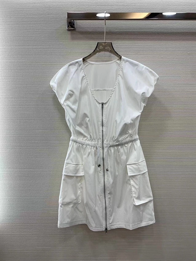 2023 new women fashion short sleeve u neck zipper drawstring waist casual pocket dress 0614