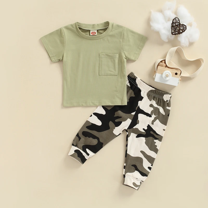 

Модный летний комплект детской одежды Pudcoco из 2 предметов для мальчиков и девочек, однотонные футболки с коротким рукавом и карманами, брюки ...