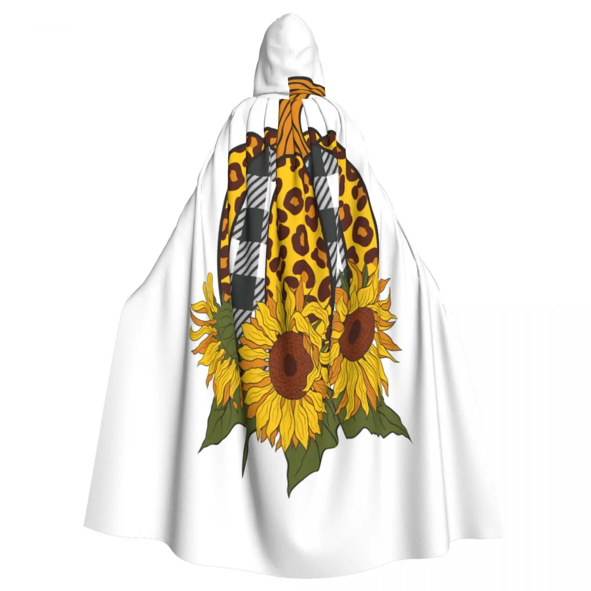 

Farmhouse Sunflowers And Leopard Plaid Pumpkin Hooded Cloak Polyester Unisex Witch Cape Costume Accessory