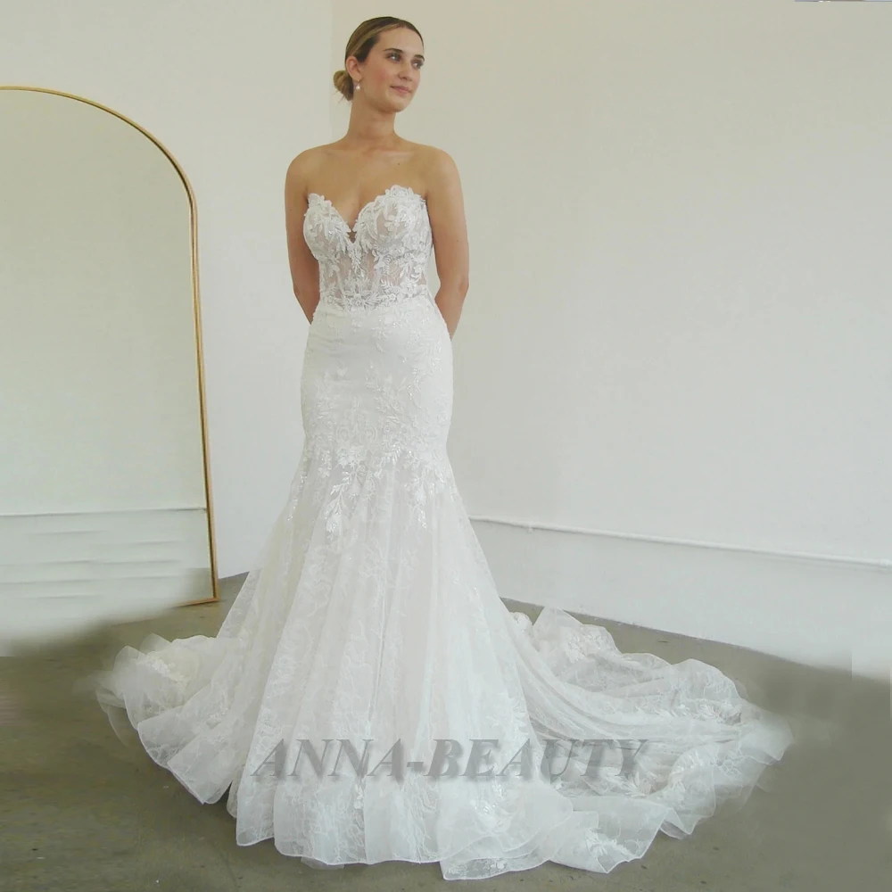 

Anna Glamorous Mermaid Wedding Gown For Women 2023 Bride Sleeveless Appliques Stylish Lace Brush Train Zipper Dropping Shipping