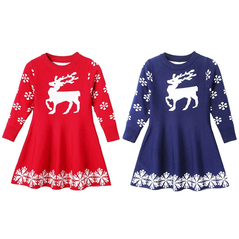 

Girls Christmas Dress Knitting Sweater Dresses Long Sleeve Elk Deer Printing Girls Winter Dress Autumn Kids Clothes 2-7T