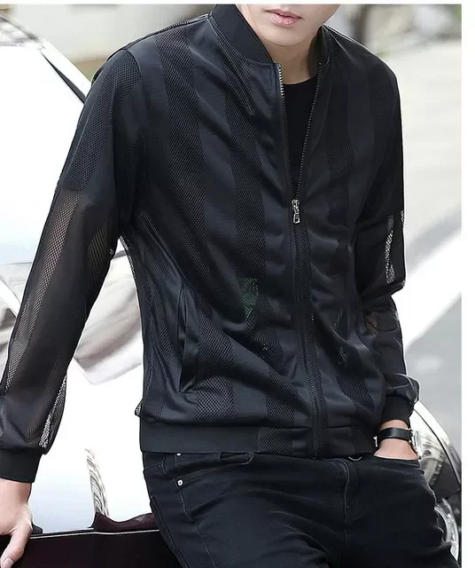 

NEW 2023 Autumn New Men's Sexy Mesh Jackets Coat Male Thin Bomber Jacket Hollow Out White Black Sun protection Outerwear M-5