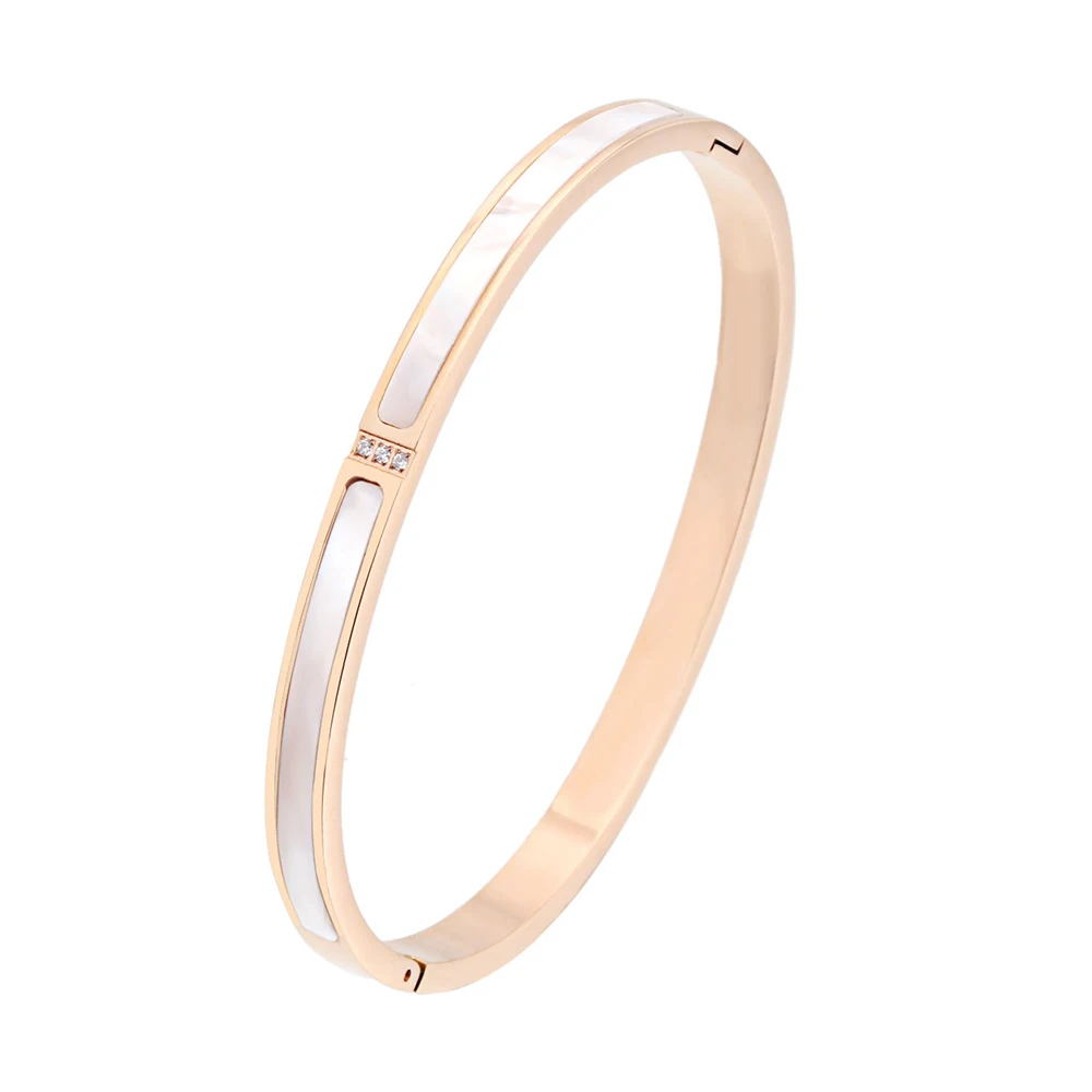 

Classic Rose Gold Titanium Stainless Steel White Shell Bracelet Bangles CZ Zircon Rhinestone Bangles Wrist Jewelry For Women