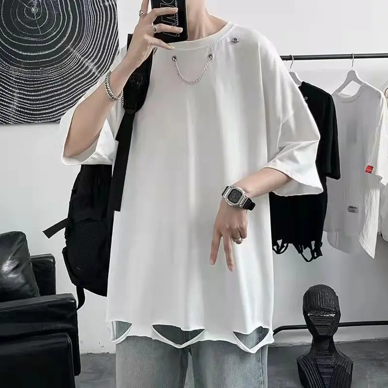 

Summer Thin Men T Shirts Solid Ripped T-shirt Fashion Unique Design Daily Basketball Skateboarding Jogger Men Short Sleeve Tee