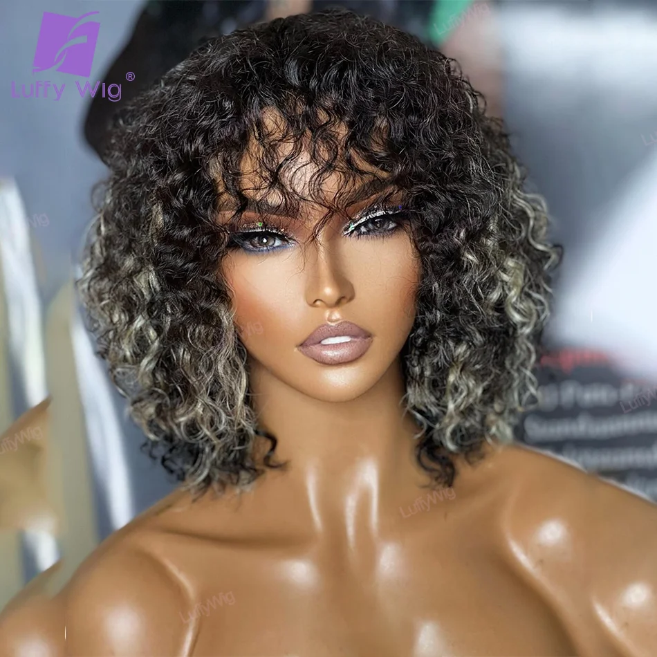 Ombre Colored Bouncy Curly With Bangs Full Machine Made Human Hair Wigs O Scalp Top Wig Brazilian Remy Hair For Women 200% Luffy