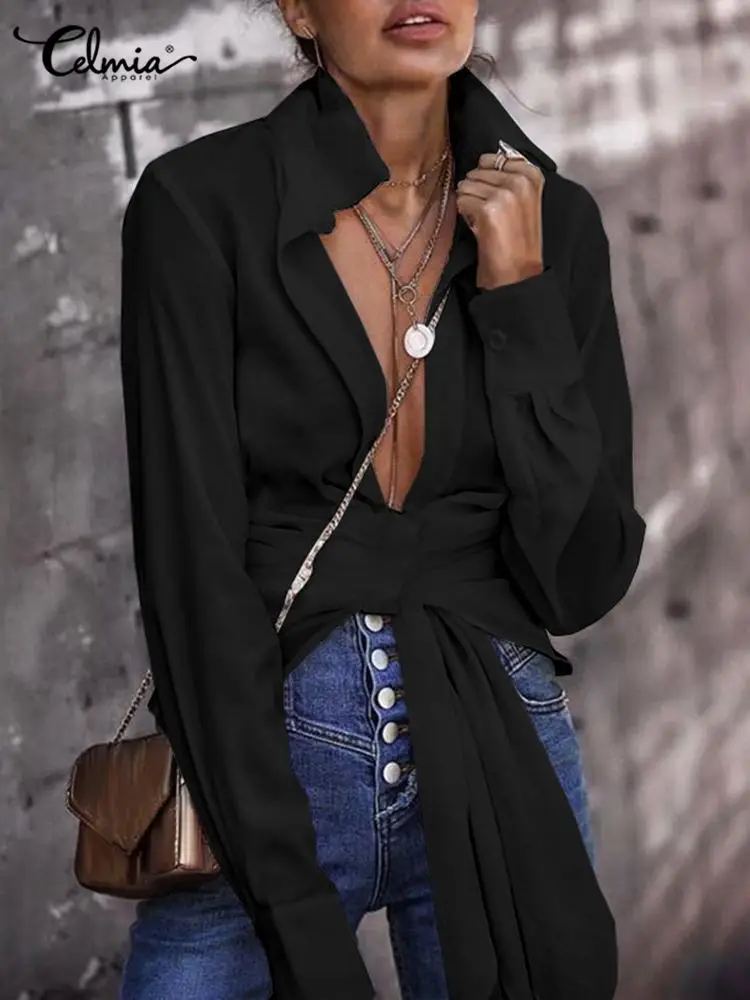 

Celmia Women Lapel Cardigan Sexy Tie Knot Open Chest Tops 2022 Fashion Pleated Shirts Chic Elegant White Blouses Streetwear