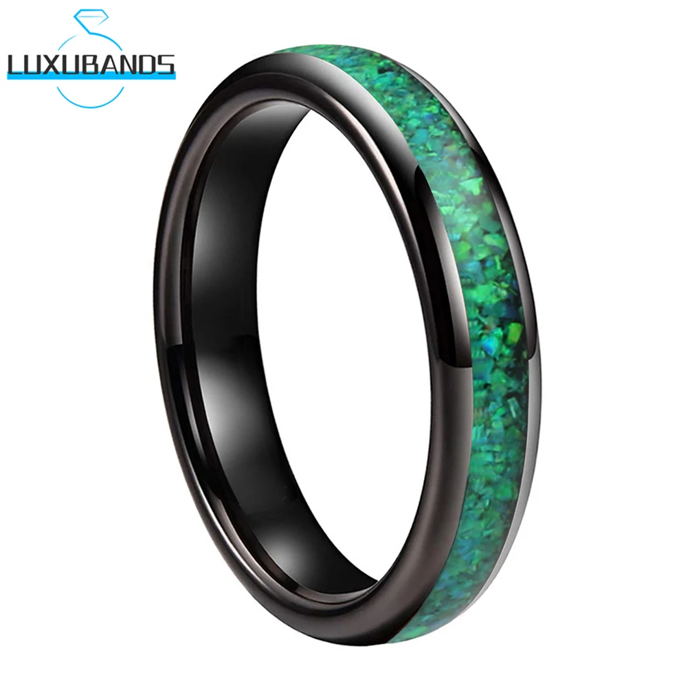 

Women's 4mm Black Tungsten Wedding Ring Green Opal Inlay Engagement Domed Band Polished Finish High Quality Comfort Fit