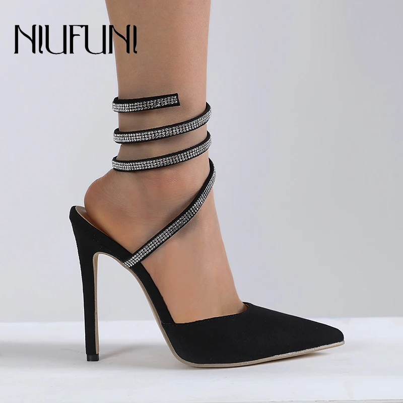 

Summer Pointed Rhinestone Snake Winding Ankle Women's Sandals Suede Solid Color Sexy Party Shoes Stiletto High Heels Shoes Black