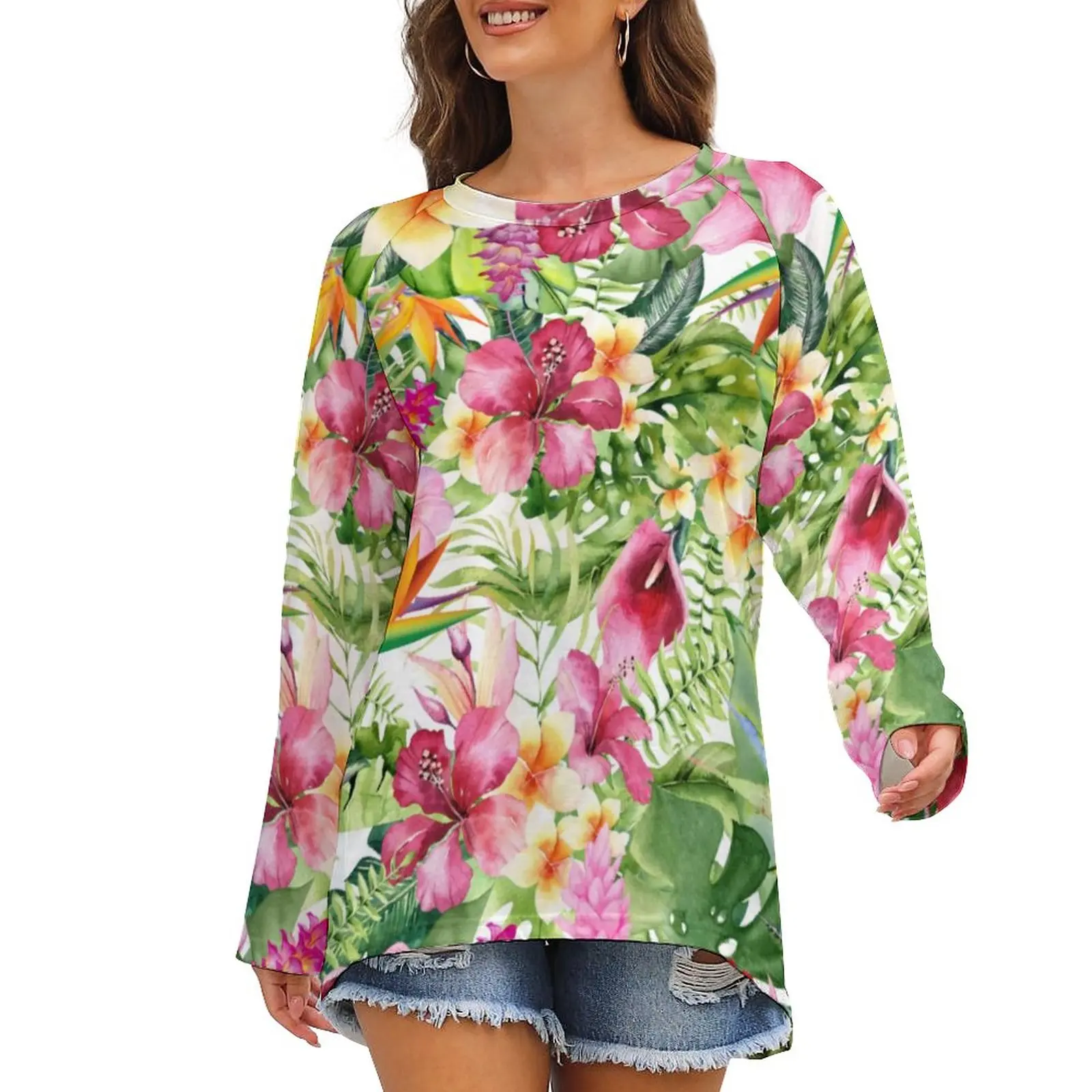 

Bright Flowers T Shirt Tropical Hawaiian Floral Trendy Long-Sleeve T-Shirts Casual Oversized Tee Shirt Womens Print Clothes Gift