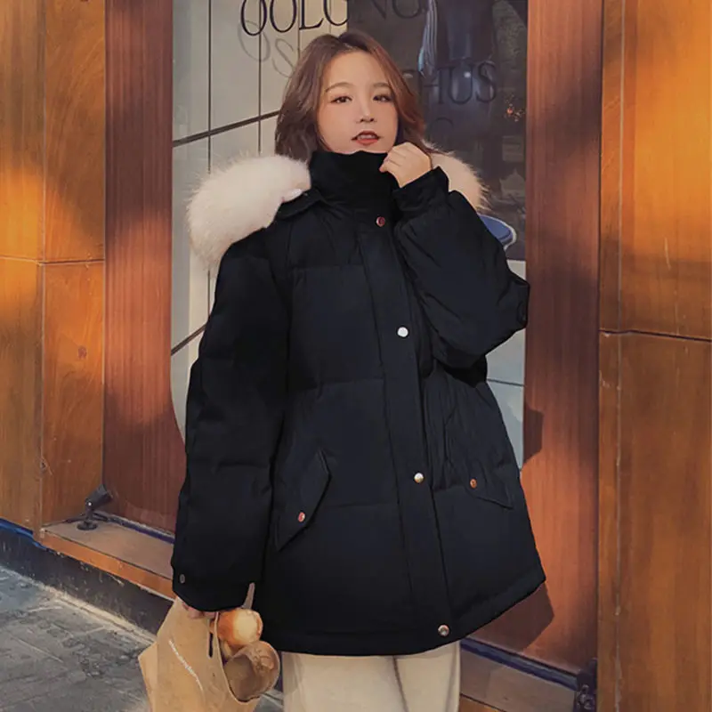 Пальто хлопковое женское с большим меховым воротником маленькая Очаровательная