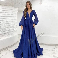 caroline royal blue glitter tulle evening dress 2022 puff sleeves deep v neck formal abendkleider prom gowns party custom made