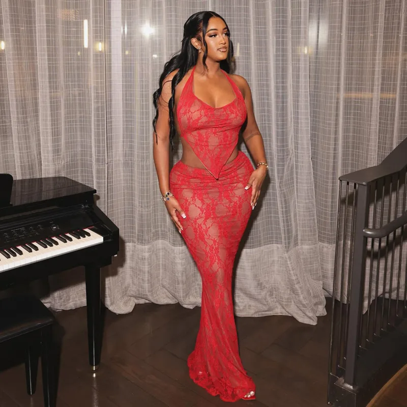 KOXINVES Летний Новый сетчатый кружевной на шнуровке без бретелек Топ + юбка женские