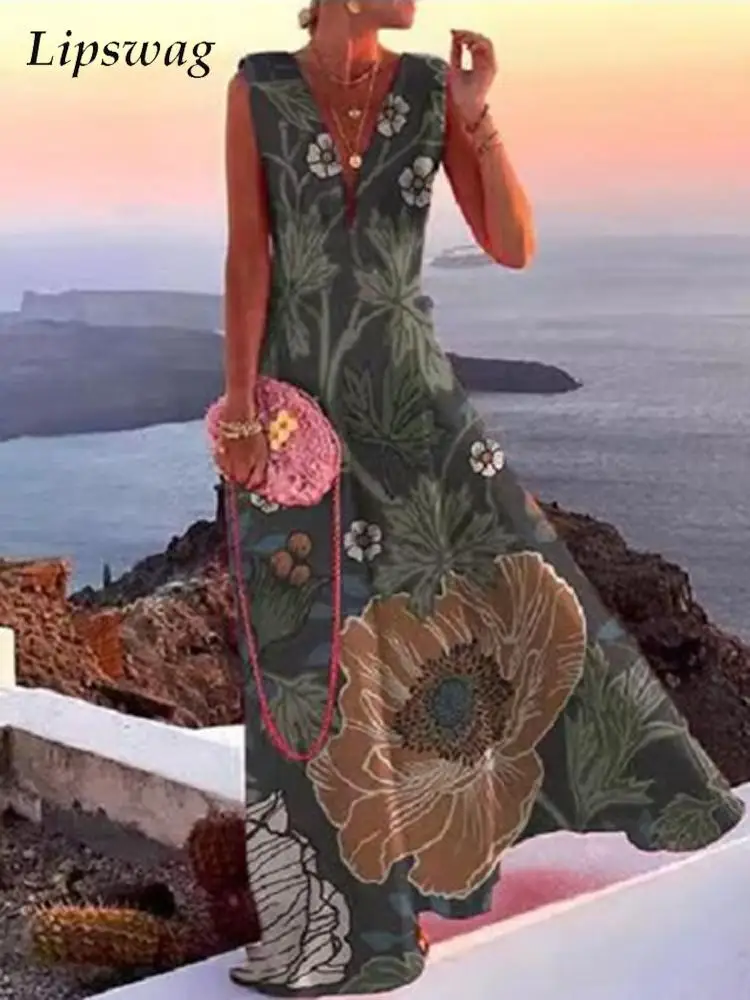 

Summer Elegant V Neck Sleeveless Maxi Dress Boho Female Casual High Waist Beach Dress 2022 New Vintage Pattern Print Long Dress
