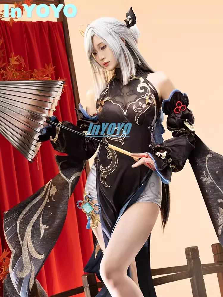 InYOYO Shenhe Косплей Genshin Impact Костюм Новая кожа Элегантное тонкое платье Cheongsam Женский