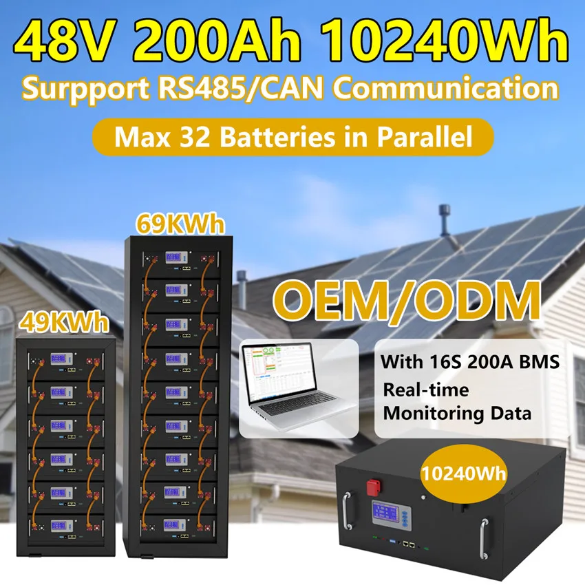 

48V LiFePO4 200Ah 150Ah 100Ah Battery Pack 51.2V 10KWh with RS485 CAN Max 32pcs in Parallel for Energy Storage Emergency Power