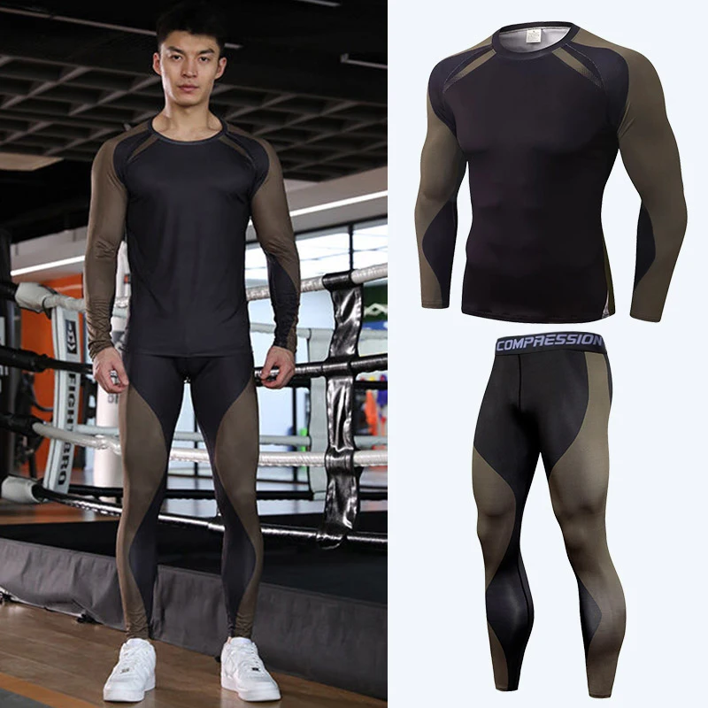 Gym Men Fitness Sportswear Set Compression Running Sport Clothes Tight Sweatpants Sweatshirt UV Sun Protection Rash Guard Lycra