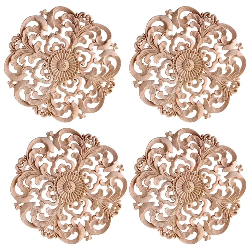 

4Pcs Wooden Carved Onlay Applique Unpainted Wood Applique Vintage European Style Carved Decal For Furniture Decoration