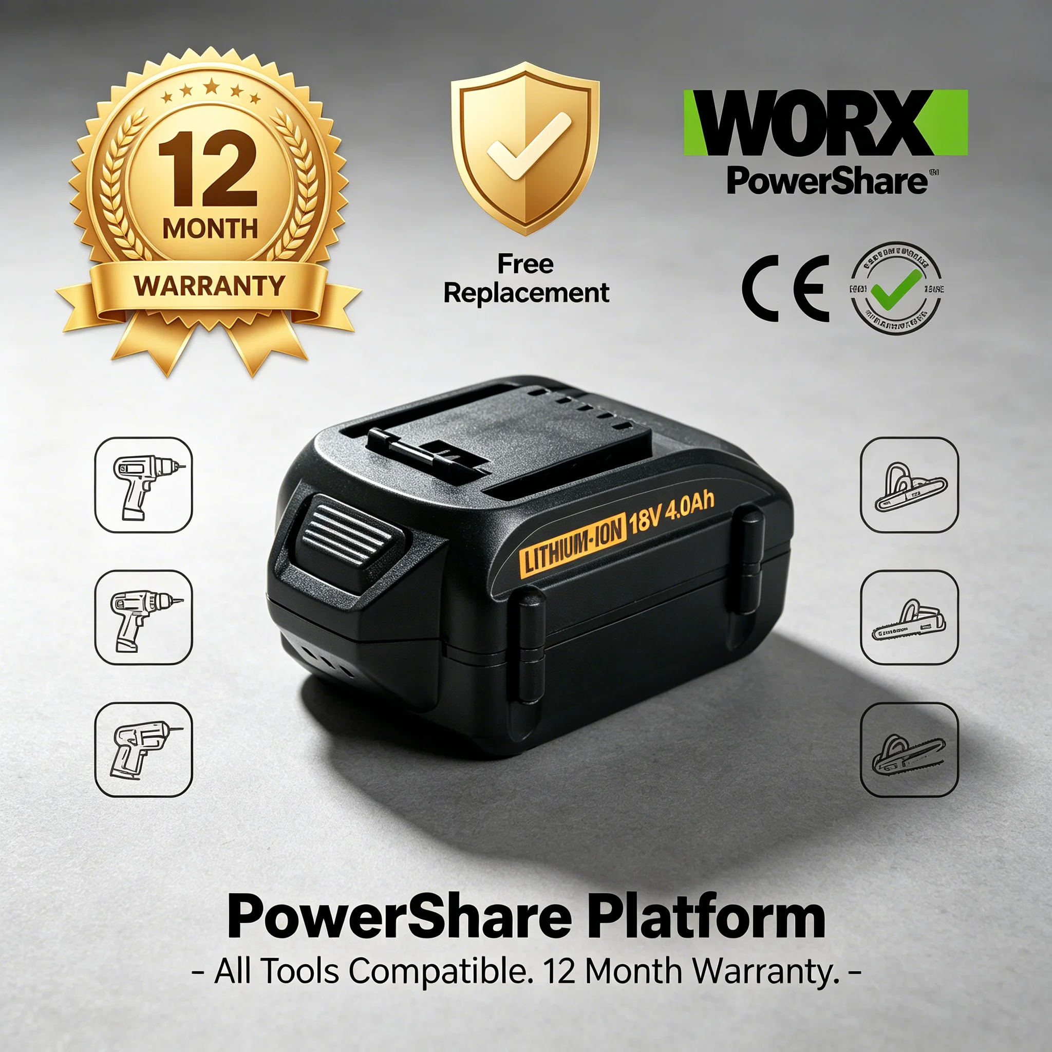 Фото Аккумуляторная литиевая батарея WORX 18V 4000 мАч для инструментов WA3553, WA3551, WA3553.1, WA3572, WX390, перезаряжаемая. №5