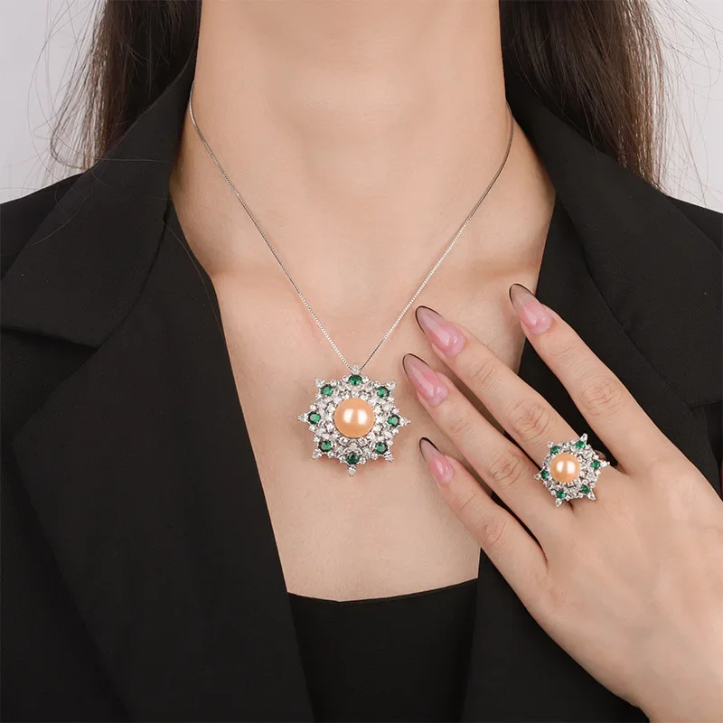 Изумрудный Кристалл таитянский жемчуг Подсолнух регулируемое кольцо ожерелье с