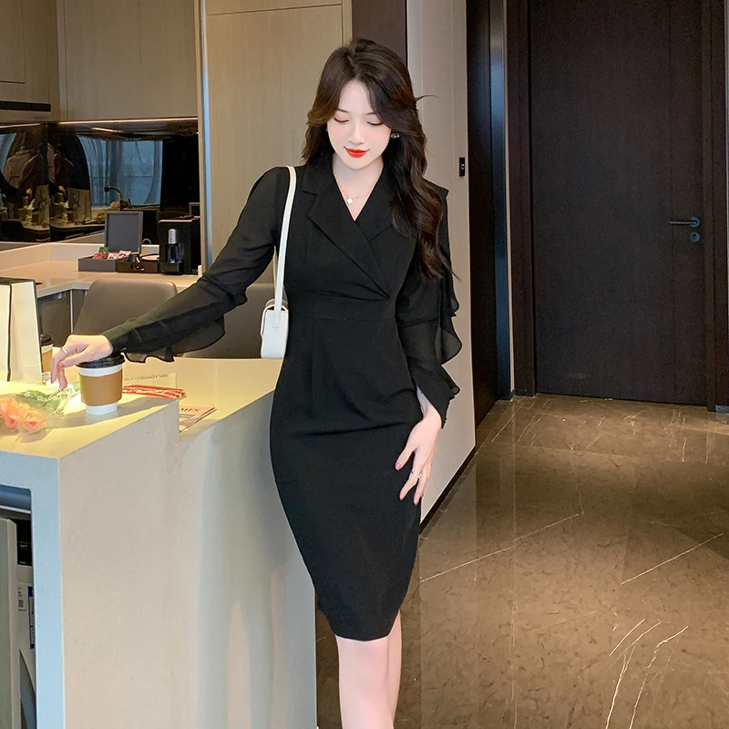 

COIGARSAM элегантные женские осенние платья 2022 новое черное платье с длинным рукавом и высокой талией