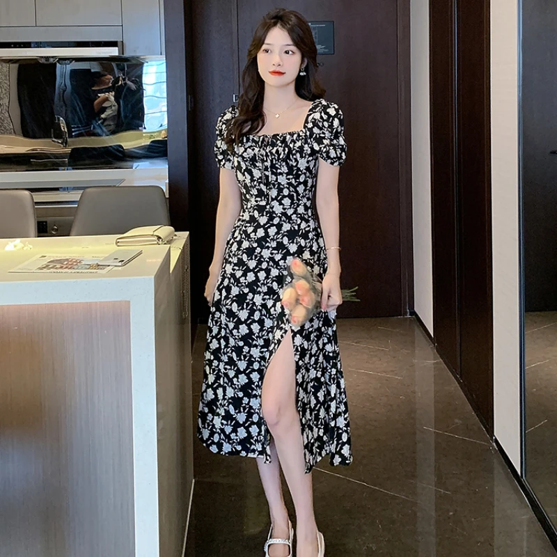 

Black Floral Long Dress Female 2023 Summer French Square Collar Dresses Women Elegant Lace Up Slim Fit One Piece Vestido Mujer