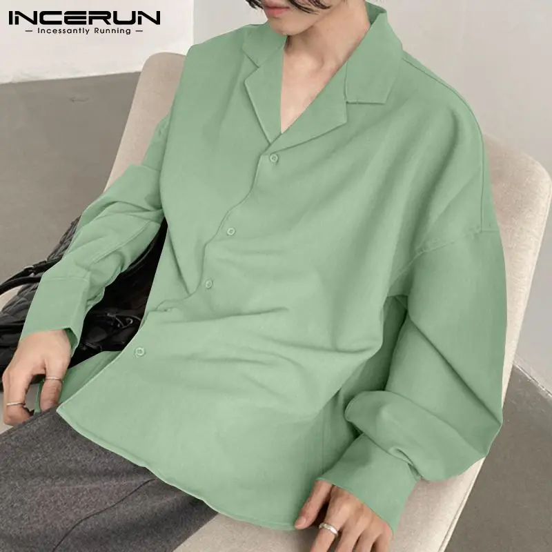 

Модная мужская рубашка INCERUN 2023, однотонная Повседневная рубашка с отложным воротником и длинным рукавом, на пуговицах, Мужская Уличная одежда, корейские топы для отдыха, женская