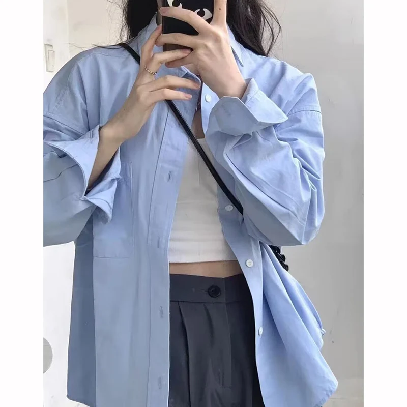 

Loose Blue Cotton Blouse Women Loose Turn-down Collar White Shirt Casual 2023 Autumn Office Lady Top Elegant Blouses Blusa 28606
