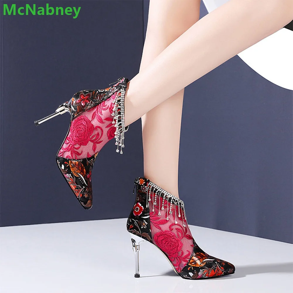 Patchwork Fabric Mesh Embroidery Boots For Women Crystal Design Back Zipper Ankle-High Pointed Toe Thin High Heel Female Shoes