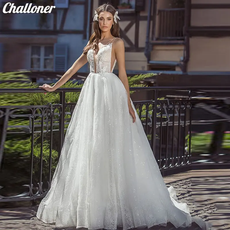 

Challoner Classic V Neck Wedding Dresses with Lace Appliques Beaded Squined Sleeveless Bride Ball Gown Sexy Backless Court Train