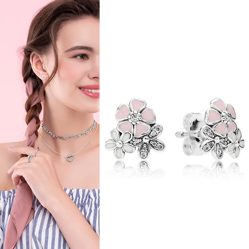 

100% 925 серьги Silver Pan Earrings New Style Daisy Cherry Blossom Pan Earrings For Women Wedding Gift Fashion Jewelry