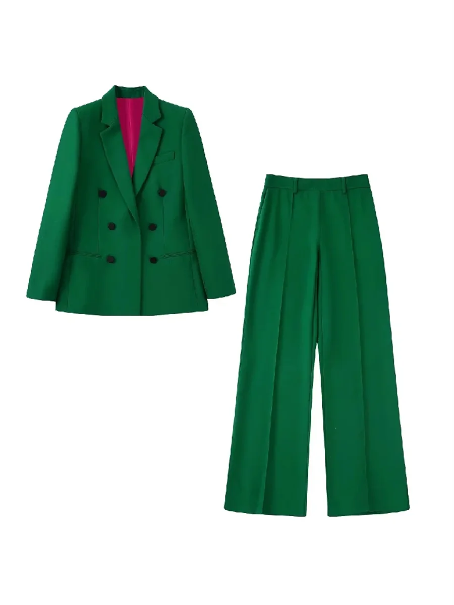 

Женский офисный комплект из двух предметов, зеленый двубортный блейзер с высокой талией, прямые брюки с карманами сзади, 2022