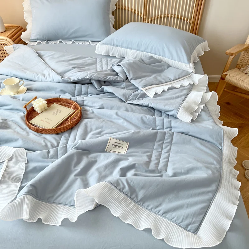 

Korean Style Chiffon Lace Summer Quilt Set Princess Air Conditioning Quilts Washable Comfortable Soft Thin Blanket