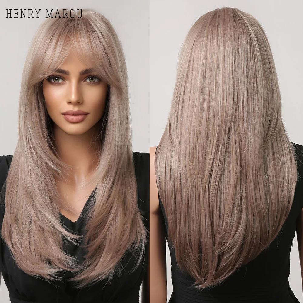 

HENRY MARGU Long Straight Wig for Women Platinum Blonde Layered Synthetic Wigs with Bangs Daily/Party Hair Wig Heat Resistant