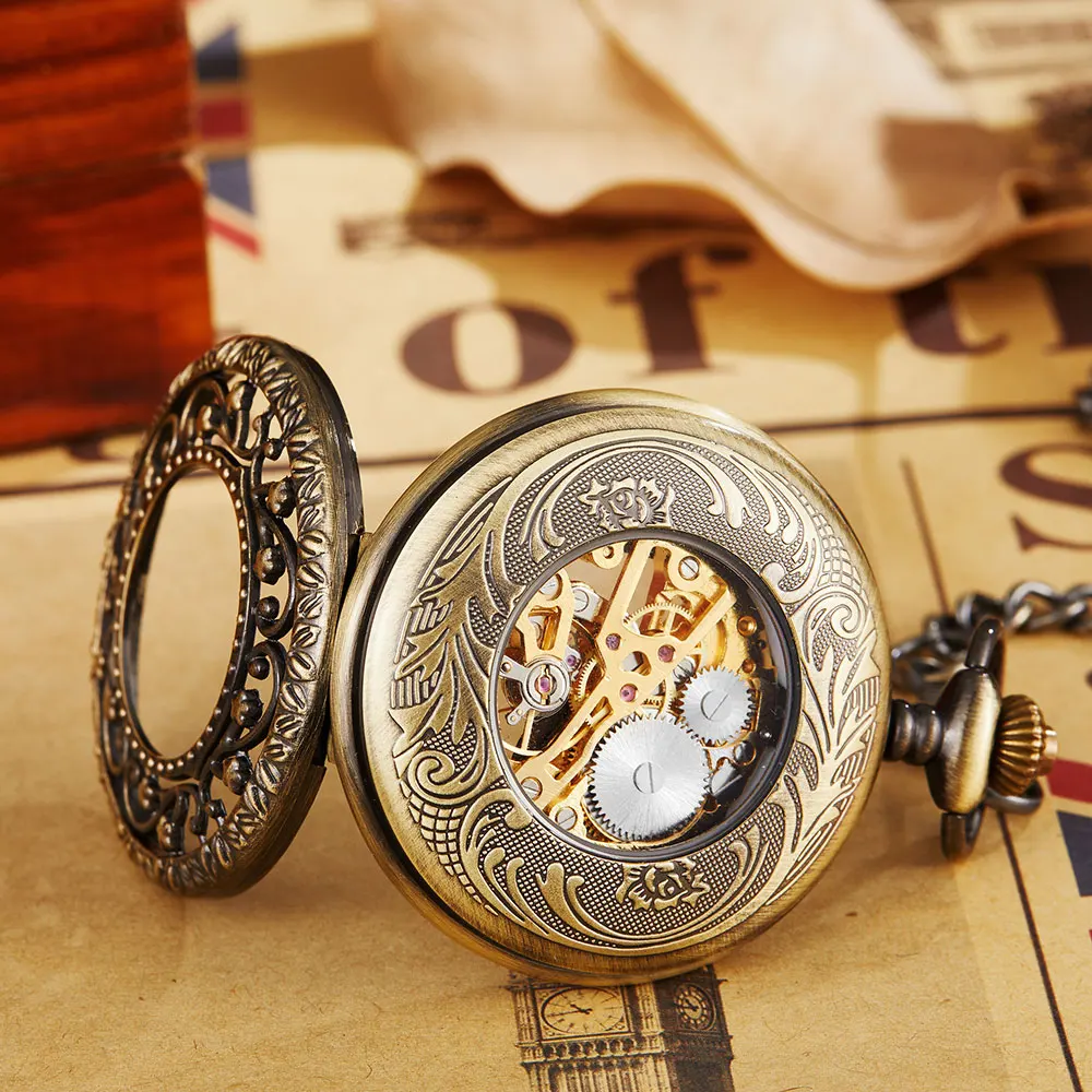 Antique Steampunk Mechanical Pocket Watch Necklace Hollow Skeleton Hand Wind Ancient Carved Fob Watch Pendant Chain Men Women