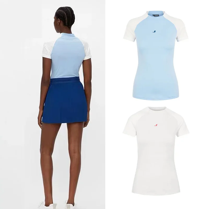 

Women's 23 New Summer Golf J.L Round Neck Casual Sweat-absorbing Short-sleeved T-shirt Elastic Blue Desinger Sports Apparel