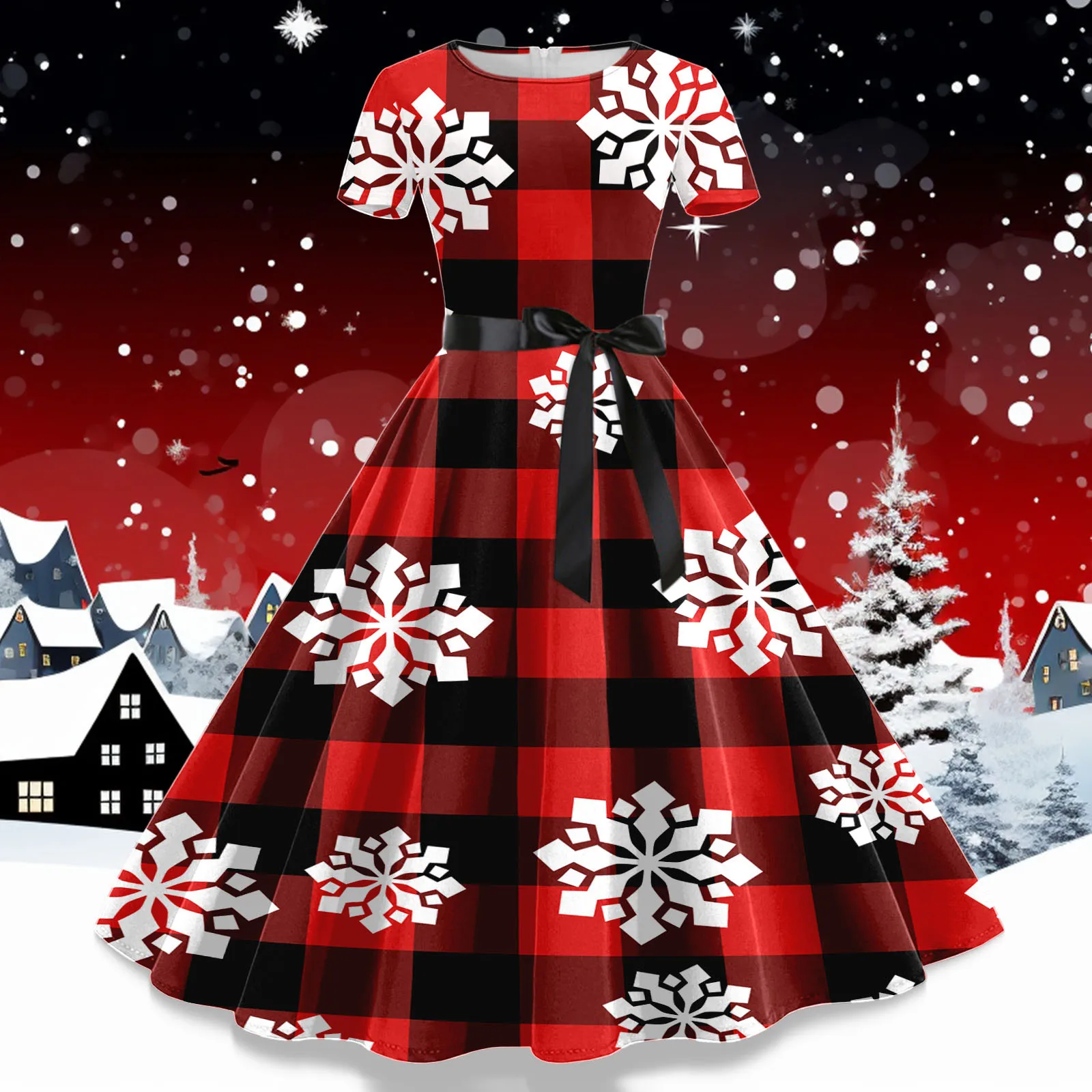 

Women's Casual Dresses Christmas Tree Snowflake Santa Claus Elk Snow Print Cocktail Dress Short Sleeve Fall Party Dresses