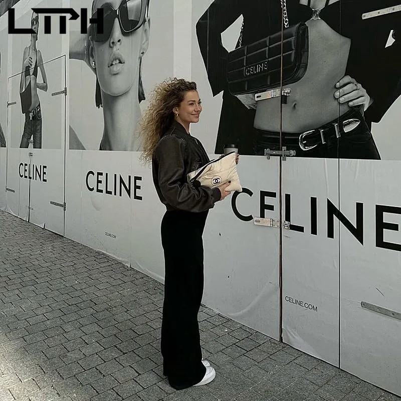 LTPH faux leather jacket women vintage zipper stand-up collar long sleeve coats streetwear casual jackets 2023 summer new