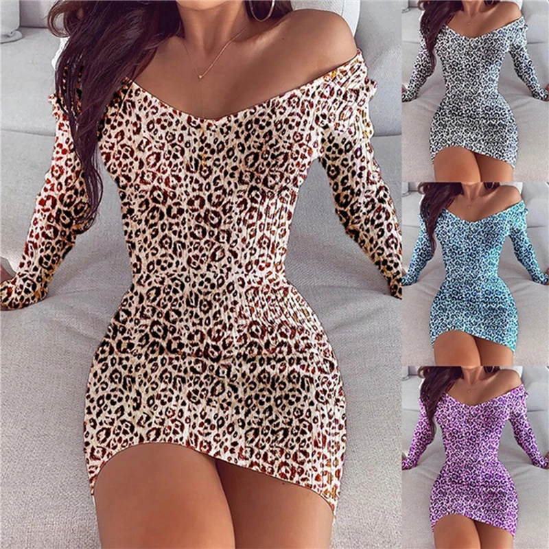 

2022 Women Summer Evening Tight Dress Fashion V Neck Long Sleeves Leopard Print A-line Dress Lady Sexy Sweet Slim Mini Dresses