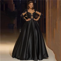 sexy black beaded long sleeve evening dresses lace appliques satin sheer neck prom robes de soir%c3%a9e vestidos elegantes para mujer