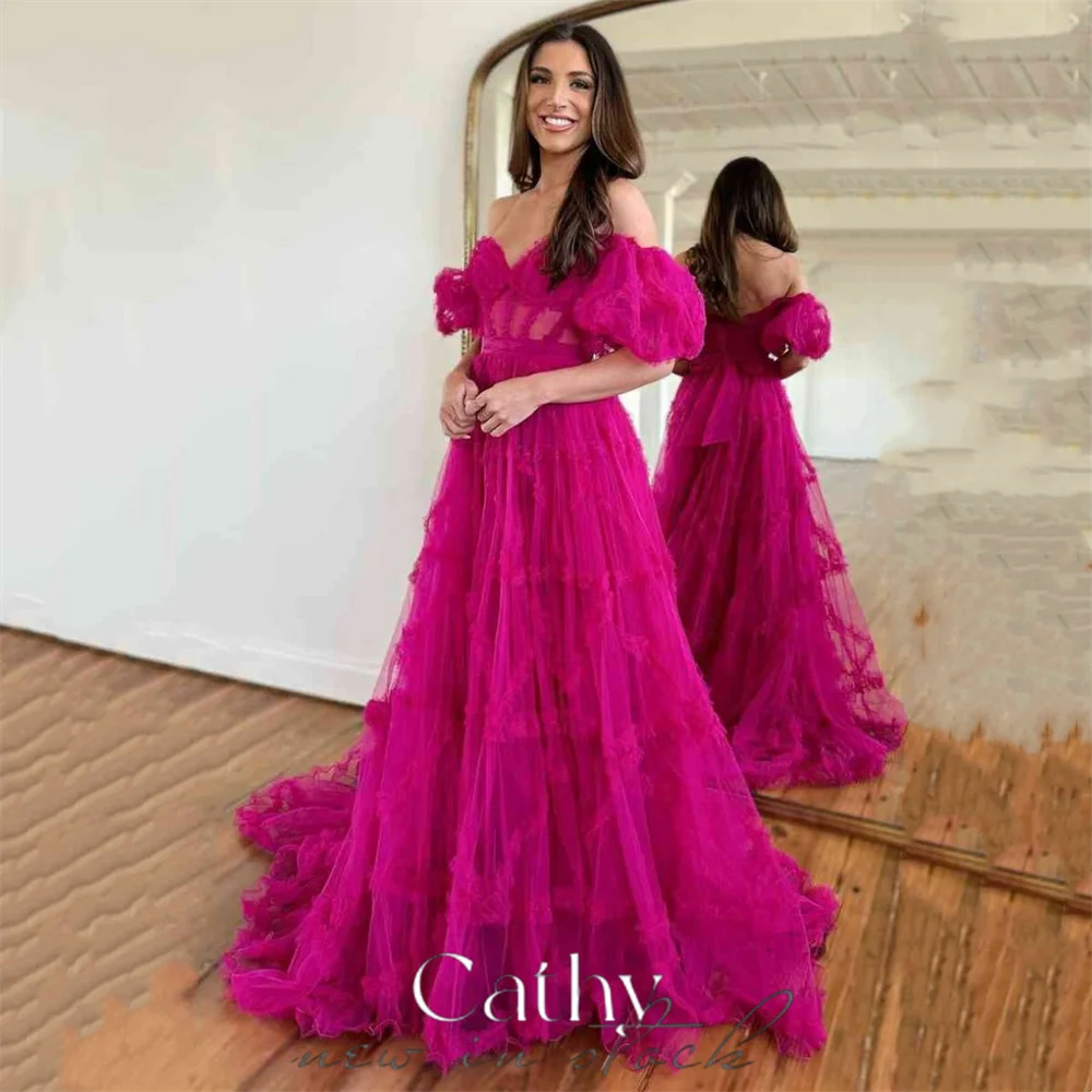 

Женское многослойное платье для выпускного вечера Cathy, ярко-розовое фатиновое платье со шлейфом и пышными рукавами, 2023