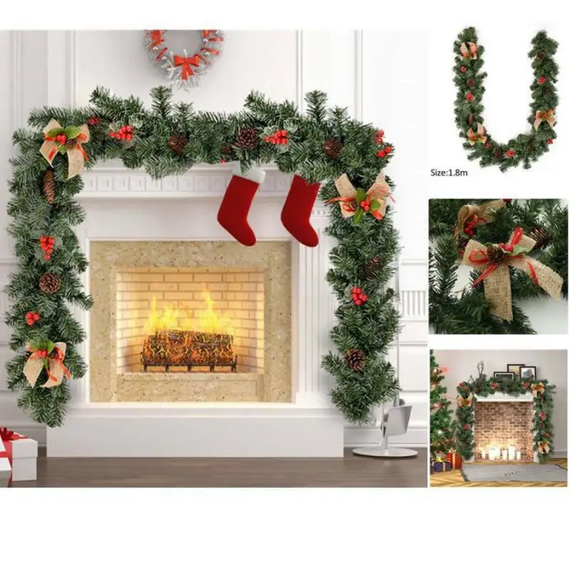 180cm Christmas Wreat PVC Pinecone Rattan With Bow Fireplace Window Wall Garland Ornaments Balcony Garden Party Wedding Decor